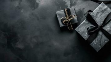 Black Friday sale banner Top view concept design of gift box and black tape on black background, AI Generative photo