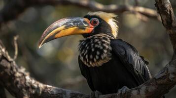 close up hornbill bird on a tree with blurred background, AI Generative photo