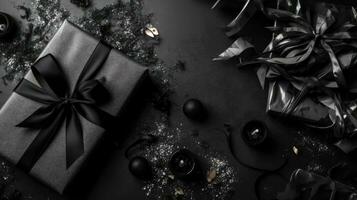 Perfect Concept Design background for Black Friday sale banner with gift box and black tape, AI Generative photo