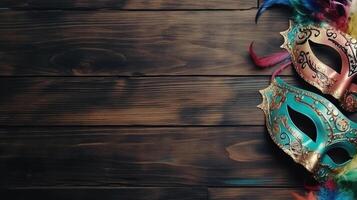 Carnival banner with carnival masks, and carnival ornaments on wood background, photo