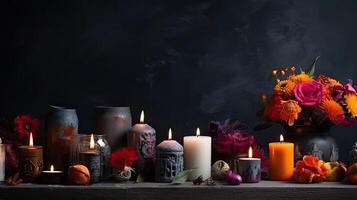 Side View Day of the Dead banner concept design of candles and flowers on black background, photo