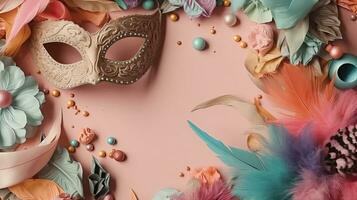 carnival masks, and carnival ornaments on pastel background for Carnival sale banner, AI Generative photo