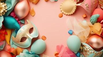 Carnival banner Top view concept design of carnival masks, and carnival ornaments on pastel background, photo