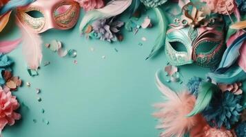 Carnival banner Top view concept design of carnival masks, and carnival ornaments on pastel background, photo