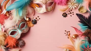 Carnival sale banner background with carnival masks, and carnival ornaments on pastel background, photo