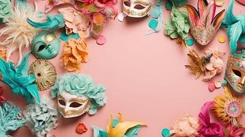 Background design sale banner for Carnival with carnival masks on pastel background, photo
