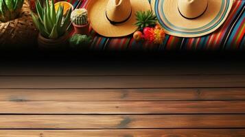 Top View Cinco De Mayo banner concept design of Round hat and Cinco de mayo ornament, photo