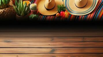 Top View Cinco De Mayo banner concept design of Round hat and Cinco de mayo ornament, AI Generative photo