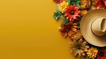 Top View Cinco De Mayo banner concept design of Round hat and cinco de mayo ornament on wood background, photo