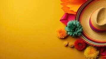 Concept design of Round hat and Cinco de mayo ornament Top View for Cinco De Mayo banner, photo
