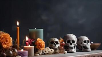 día de el muerto con calaveras, velas y flores en negro antecedentes para bandera diseño, ai generativo foto