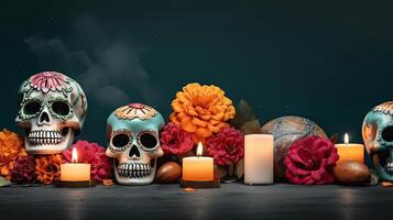 Day of the Dead with skulls, candles and flowers on black background for banner design, photo