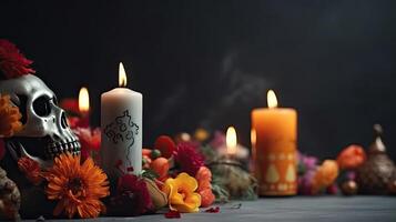 Day of the Dead with skulls, candles and flowers on black background for banner design, photo