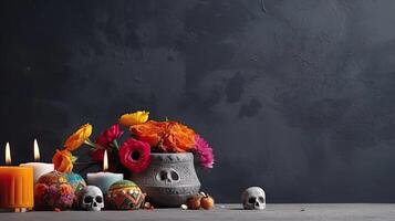 Day of the Dead with skulls, candles and flowers on black background for banner design, photo