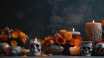 Side View Day of the Dead banner on black background, AI Generative photo