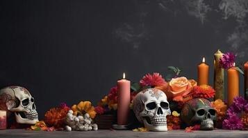 Side View Day of the Dead banner concept design of skulls, candles and flowers, AI Generative photo