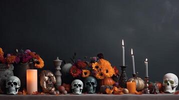 Side View Day of the Dead banner concept design of skulls, candles and flowers, photo