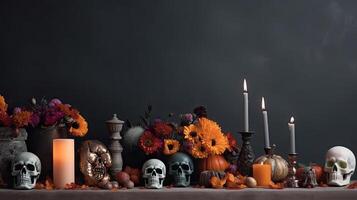 Side View Day of the Dead banner concept design of skulls, candles and flowers, AI Generative photo