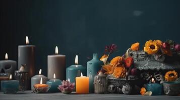 Side View Day of the Dead banner concept design of skulls, candles and flowers, AI Generative photo