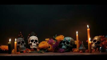 skulls, candles and flowers on black background for Day of the Dead sale banner, AI Generative photo