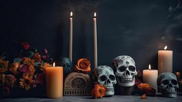 Side View Day of the Dead banner concept design of skulls, candles and flowers on black background, photo