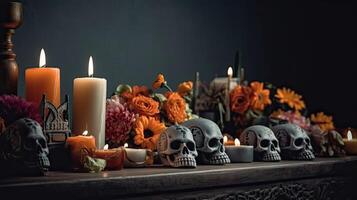 Side View Day of the Dead banner concept design of skulls, candles and flowers on black background, photo