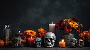 Side View Day of the Dead banner concept design of skulls, candles and flowers on black background, photo