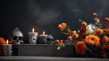 lado ver día de el muerto bandera concepto diseño de calaveras, velas y flores en negro fondo, ai generativo foto