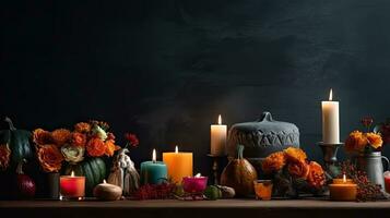 Day of the Dead sale banner background with candles and flowers, AI Generative photo