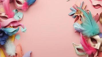 Carnival masks, and carnival ornaments on pastel background, photo