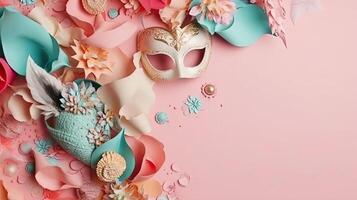 carnival masks, bird feathers and carnival ornaments on pastel background, AI Generative photo