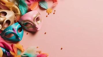 carnaval mascaras, pájaro plumas y carnaval adornos en pastel fondo, ai generativo foto