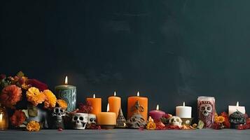 Day of the Dead concept design of skulls, candles and flowers for banner background, AI Generative photo