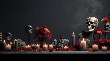 Day of the Dead with skulls, candles and flowers on black background, AI Generative photo