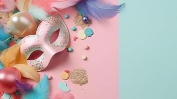 Carnival Background, Top view concept design of carnival masks, and carnival ornaments, photo
