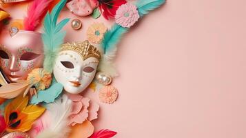 Carnival banner Top view concept design of carnival masks, and carnival ornaments, photo