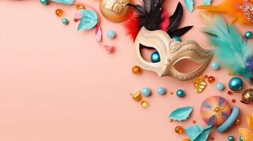 Top view of carnival masks, and carnival ornaments on pastel background, photo