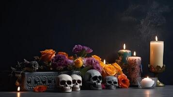 Side View concept design of Day of the Dead banner background, AI Generative photo