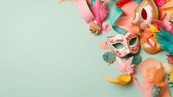 Top View of Carnival masks, and carnival ornaments, photo
