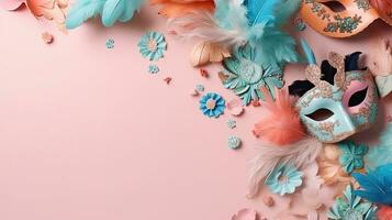 Background design sale banner for Carnival with carnival masks on pastel background, AI Generative photo