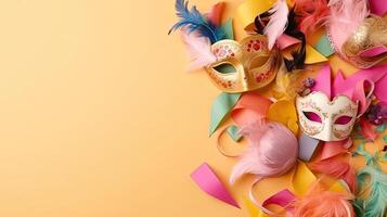 Carnival masks and carnival ornaments on pastel background, photo