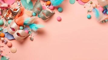 Carnival masks and carnival ornaments on pastel background, photo