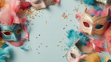 Carnival Background, Top view concept design of carnival masks, and carnival ornaments, photo