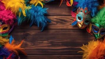 Carnival banner Top view concept design of carnival masks, and carnival ornaments, photo