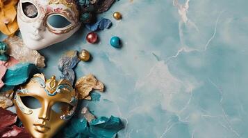 Carnival masks and carnival ornaments on pastel background, photo