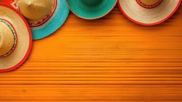 Top View Cinco De Mayo banner concept design of Round hat and cinco de mayo ornament on wood background, photo