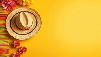 Cinco De Mayo with Round hat and Cinco de mayo ornament on wood background for banner design, photo