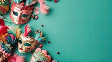Carnival banner with carnival masks, and carnival ornaments on pastel background, photo
