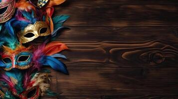 Carnival banner with carnival masks, and carnival ornaments on pastel background, photo