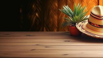 Side View Cinco De Mayo banner concept design of Round hat and Cinco de mayo ornament on wood background, photo